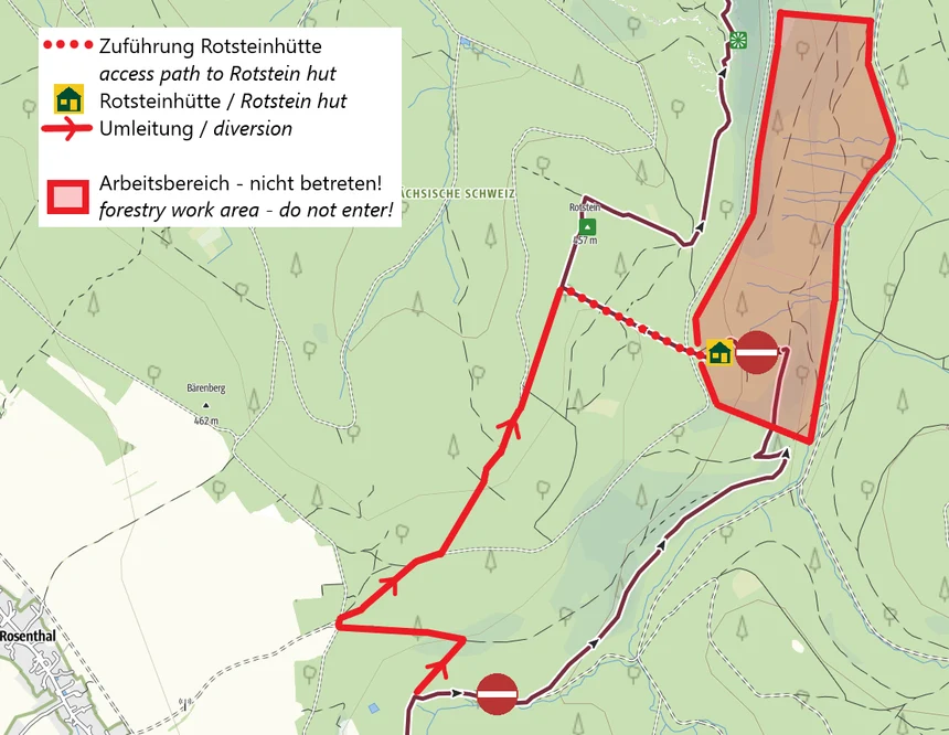 Übersichtskarte zur Umleitung zwischen Rosenthal und der Rotsteinhütte.