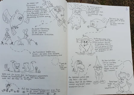 gezeichneter Comic mit Fabelwesen, Fuchs und Eule