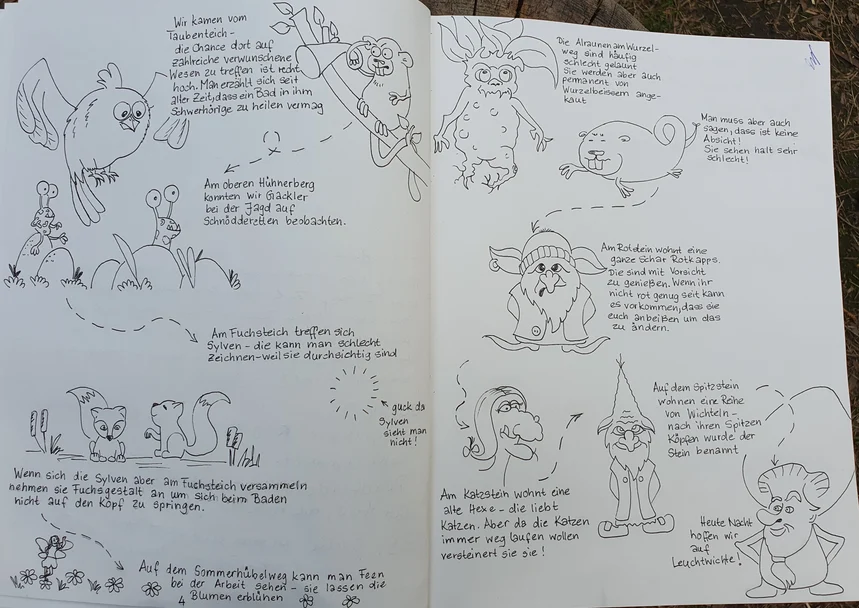 gezeichneter Comic mit Fabelwesen, Fuchs und Eule