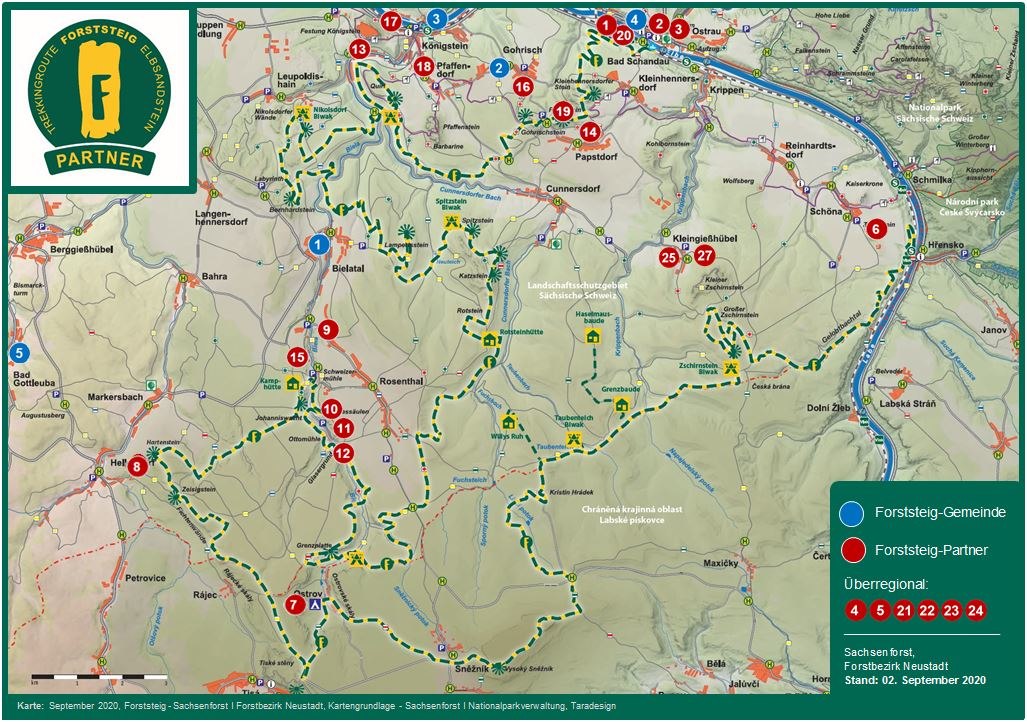 schematische Landkarte mit Markierungen für den Verlauf Forststeig, Waldübernachtungsstellen und Partnerbetriebe