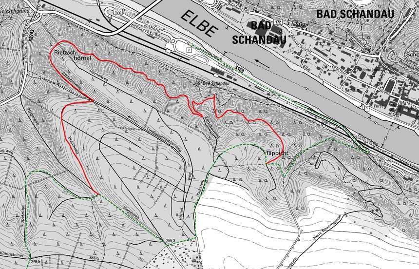 Kartendarstellung mit alter Forststeigroute und neuer Route