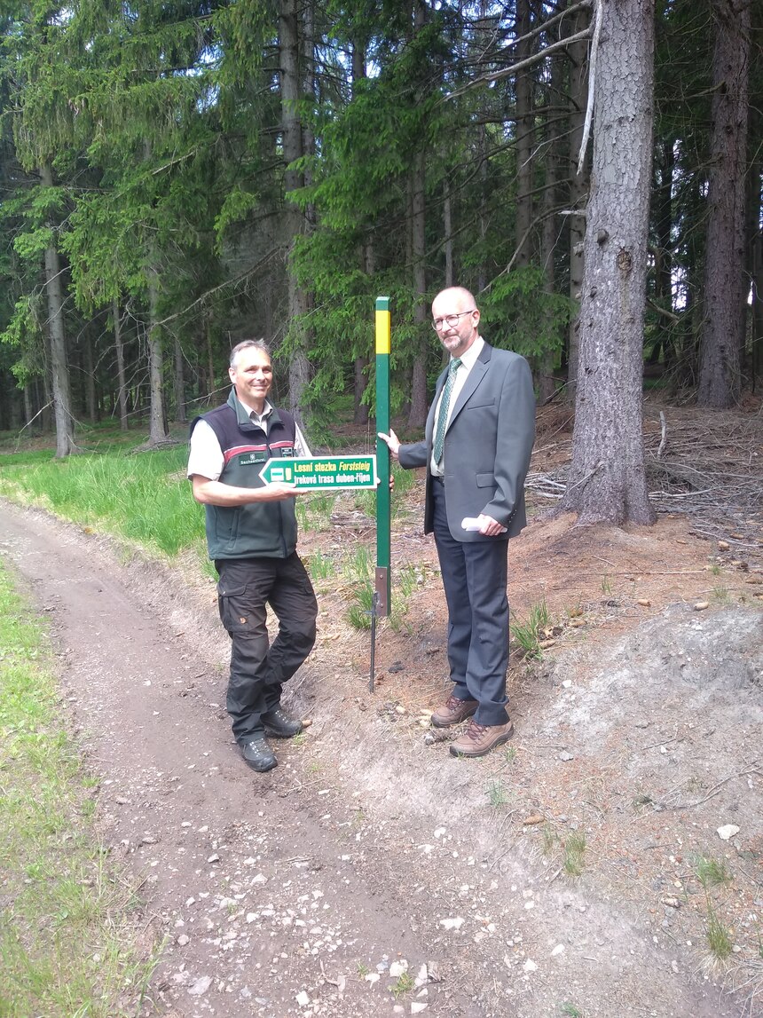 2 Männer zusammen an einem grün gelben Pfahl