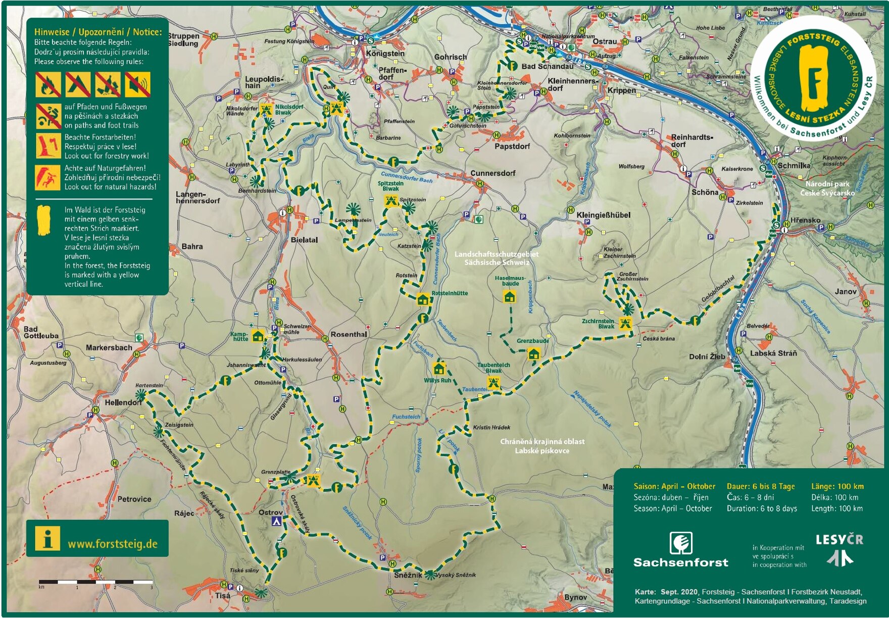 schematische Landkarte mit eingezeichnetem Verlauf des Forststeiges sowie Markierungen für Waldübernachtungsstellen