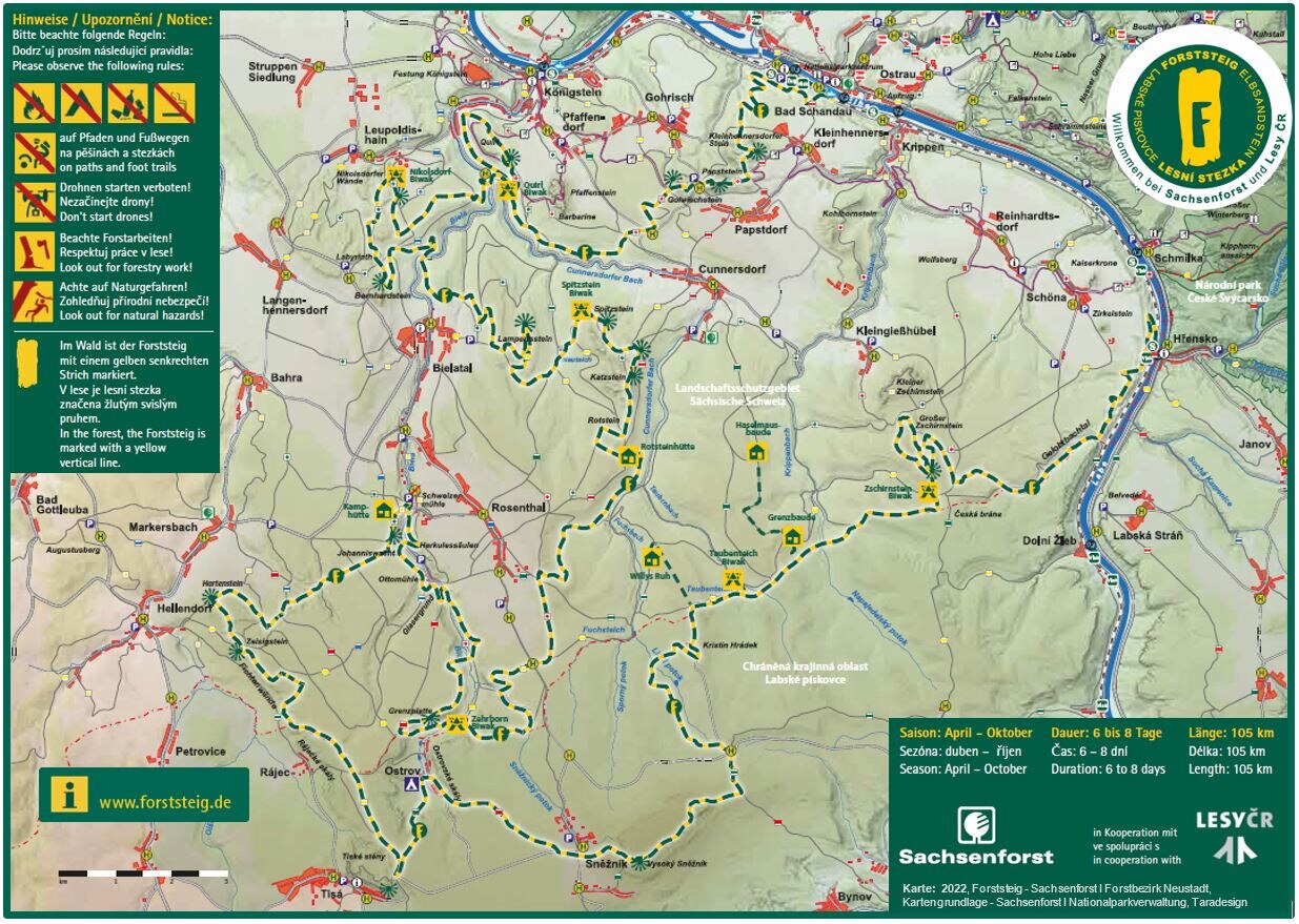 schematische Landkarte mit eingezeichnetem Verlauf des Forststeiges sowie Markierungen für Waldübernachtungsstellen