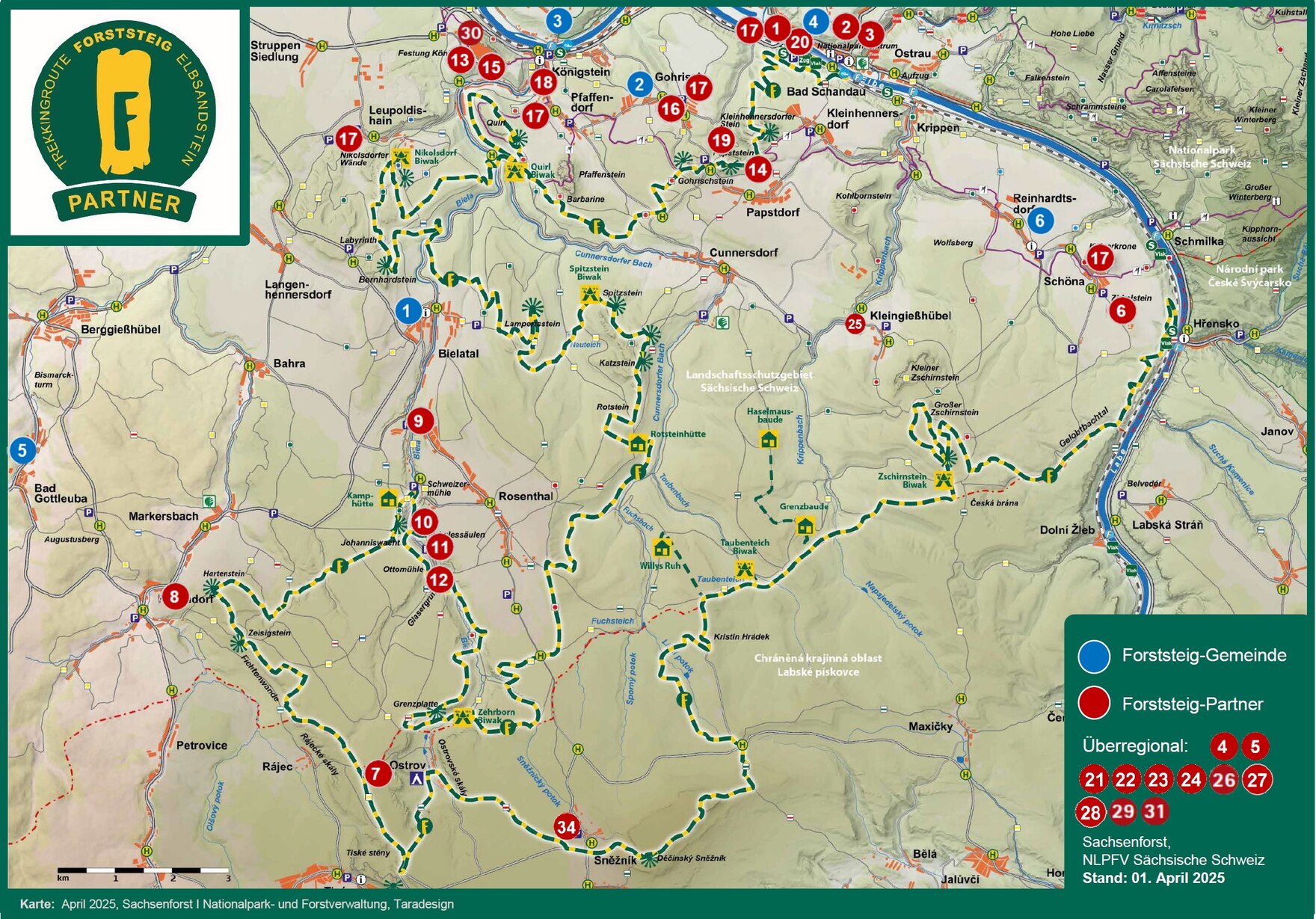 schematische Landkarte mit Markierungen für den Verlauf Forststeig, Waldübernachtungsstellen und Partnerbetriebe
