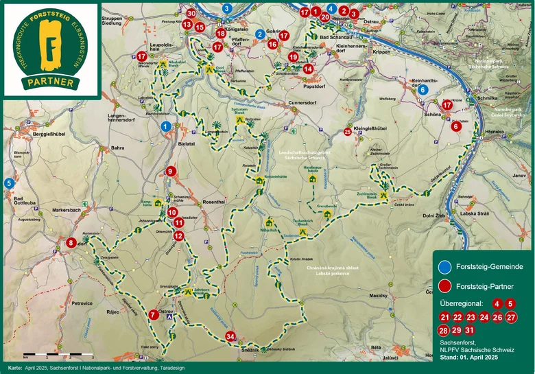 schematische Landkarte mit Markierungen f&uuml;r den Verlauf Forststeig, Wald&uuml;bernachtungsstellen und Partnerbetriebe