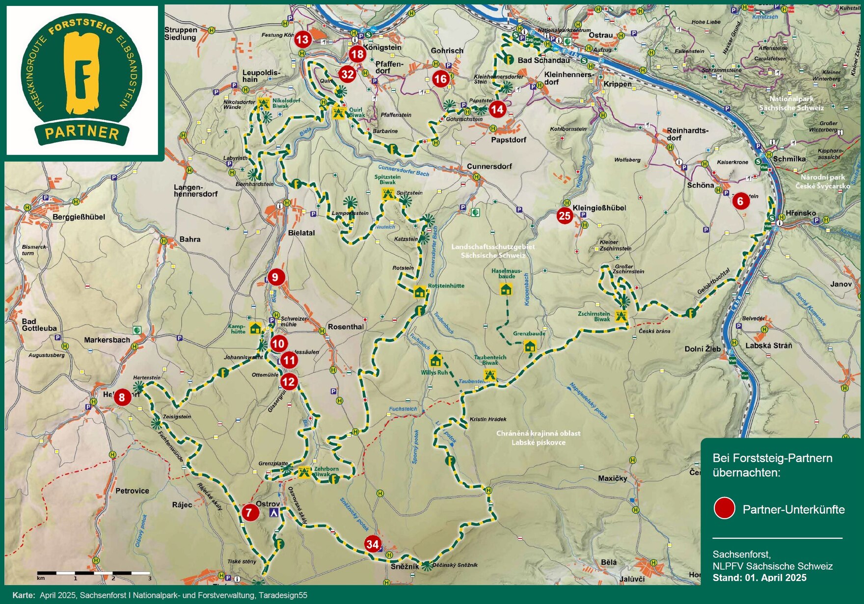 schematische Landkarte mit Markierung des Forststeigverlaufes sowie Waldübernachtungsstellen und Unterkünften