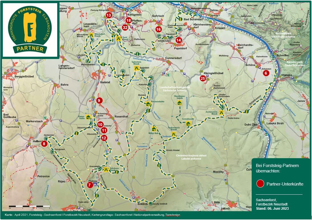 schematische Landkarte mit Markierung des Forststeigverlaufes sowie Waldübernachtungsstellen und Unterkünften