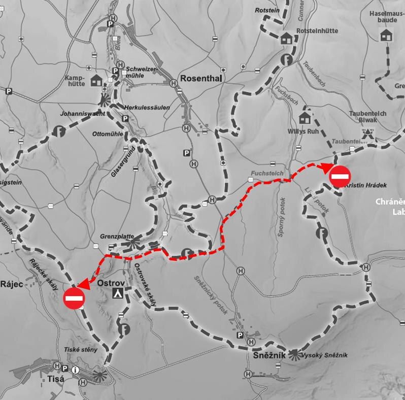 Kartendarstellung mit Forststeigroute und Umleitung