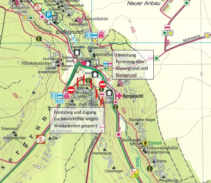 Wanderkarte mit Markierung des gesperrten Bereiches und der Umleitung