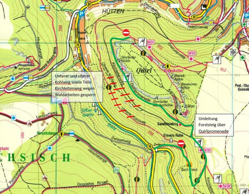 Kartenausschnitt mit eingezeichnetem Sperrbereich und Umleitung