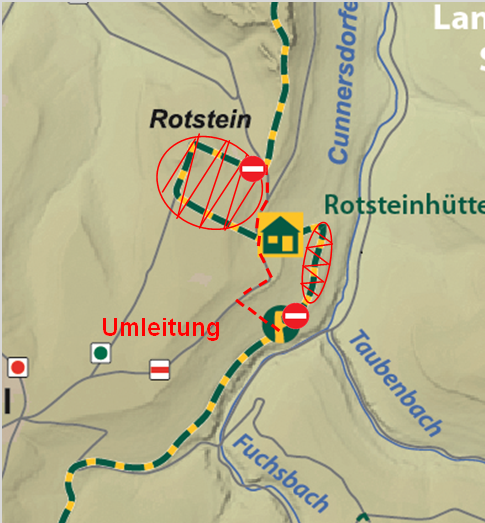 Ausschnitt aus der Forststeigkarte mit Eintragung des gesperrten Bereiches und der Umleitung