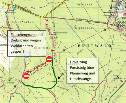 Wanderkarte vom Bereich Beutwald mit der Sperrung und Umleitung