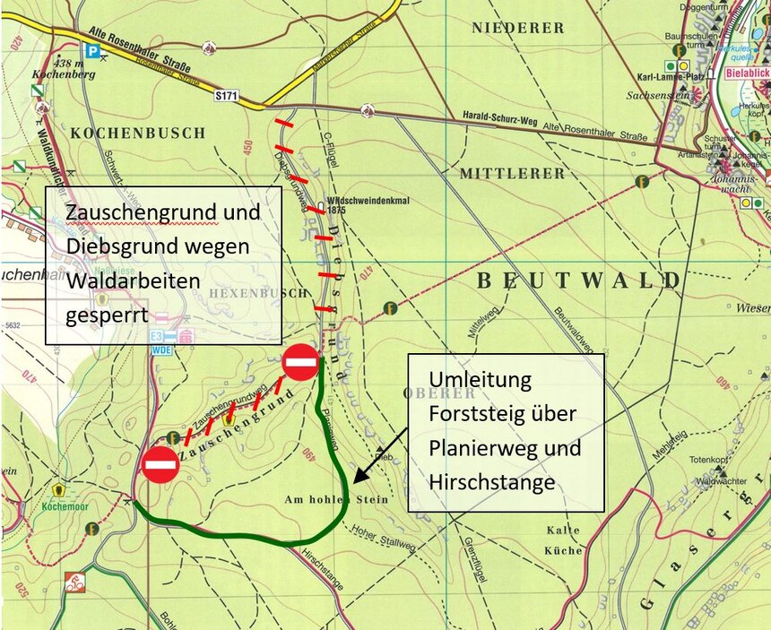 Wanderkarte vom Bereich Beutwald mit der Sperrung und Umleitung