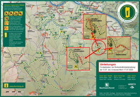 Karten mit Forststeig und Zoom in die gesperrten Gebiete am Gro&szlig;en Zschirnstein