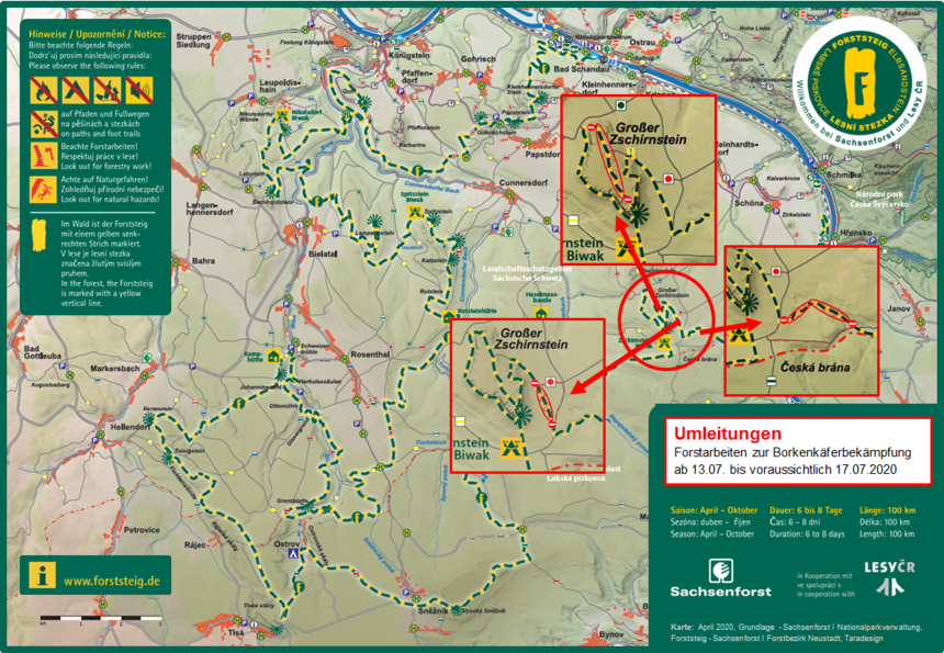 Karten mit Forststeig und Zoom in die gesperrten Gebiete am Großen Zschirnstein
