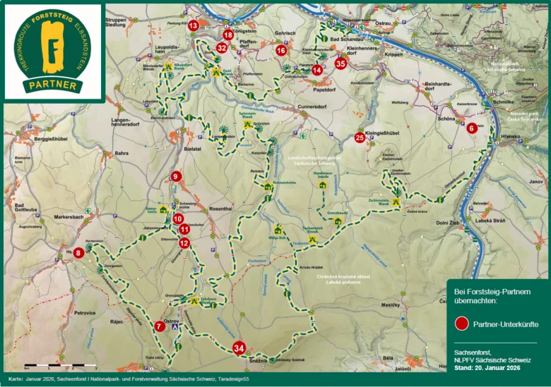 schematische Landkarte mit Markierung des Forststeigverlaufes sowie Wald&uuml;bernachtungsstellen und Unterk&uuml;nften
