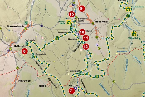 Karte mit eingezeichnetem Trekkingpfad mit Hütten und Biwakplätzen